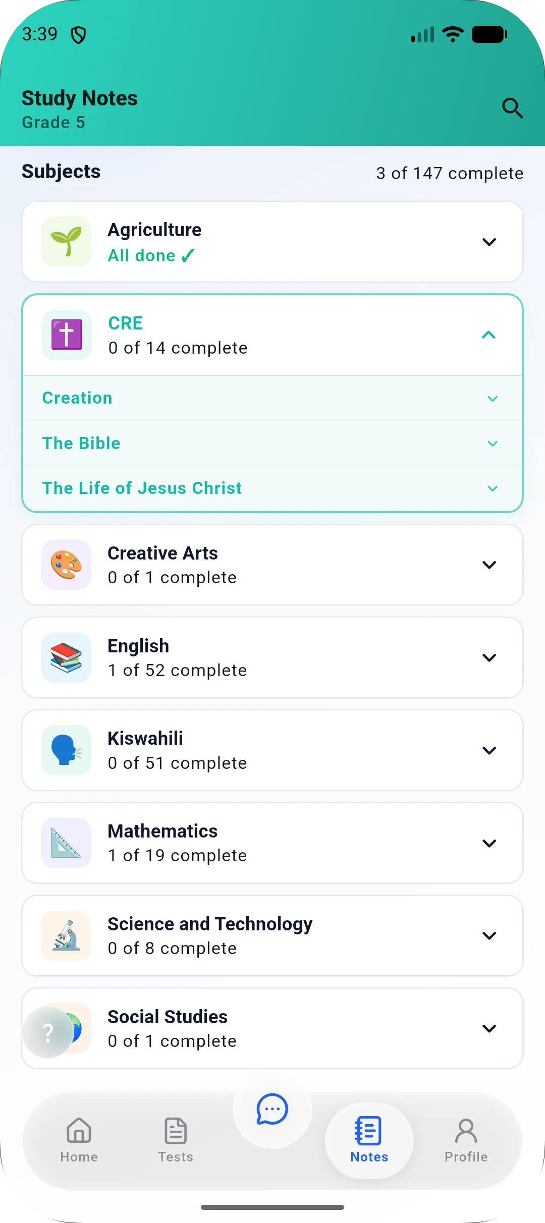 Study notes for Grade 5, subject by subject, with progress per subject